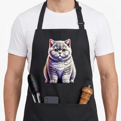 Tablier de cuisine noir avec illustration colorée d'un chat British Shorthair assis face à l'observateur.