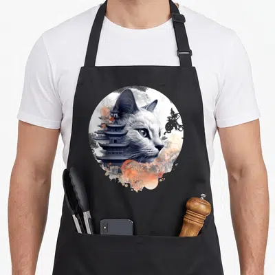 Tablier de cuisine noir avec tête de chat et pagode japonaise dans un cercle artistique