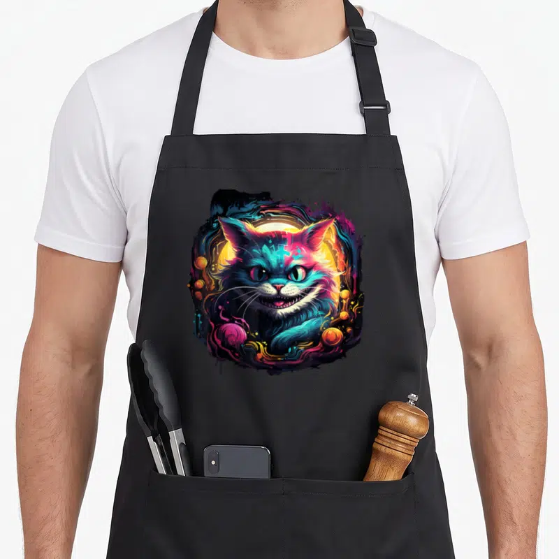 Tablier de cuisine noir avec illustration colorée d'un chat au sourire large et yeux multicolores sur fond abstrait.
