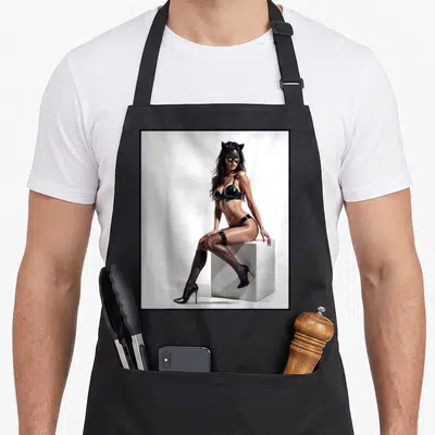 Tablier de cuisine noir avec une illustration d'une femme en tenue sexy et masque de chat posant sur un cube.
