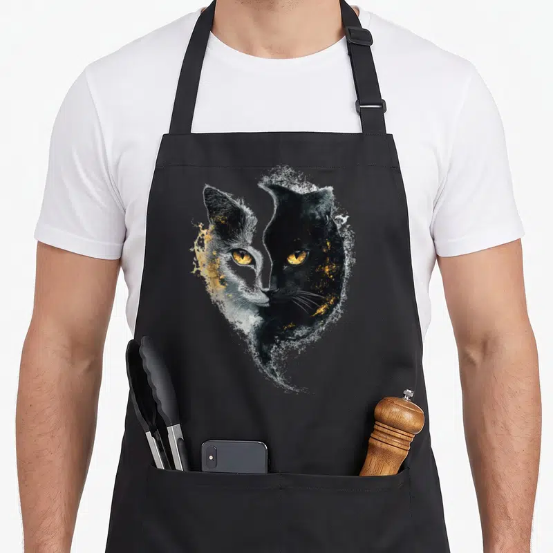 Tablier de cuisine noir avec portrait abstrait d'un chat bicolore aux yeux jaunes et touches dorées.