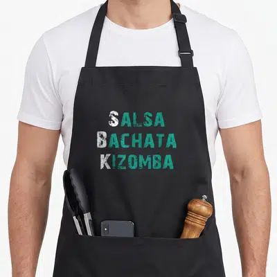Tablier de cuisine noir avec l'inscription Salsa Bachata Kizomba en blanc et vert turquoise.