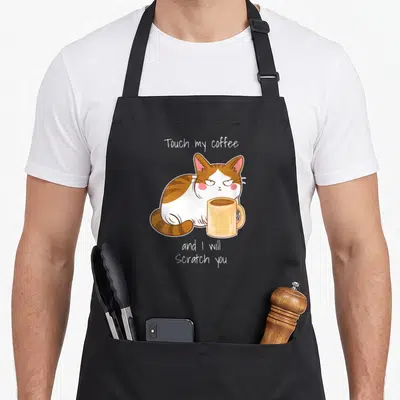 Tablier de cuisine noir avec un chat orange et blanc mécontent devant une tasse de café et du texte en anglais.