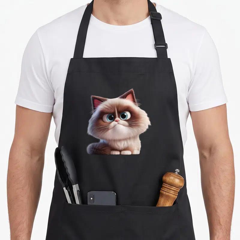Tablier de cuisine noir avec un chaton ragdoll aux yeux bleus et expression boudeuse imprimé au centre.