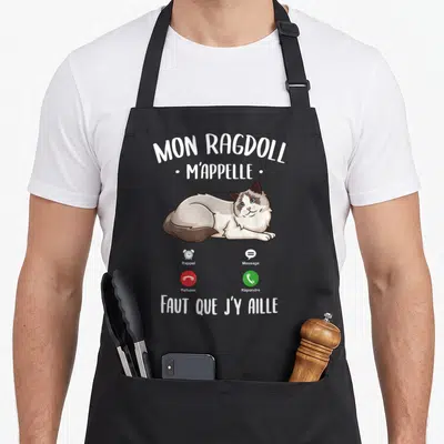Tablier de cuisine noir avec illustration d'un chat Ragdoll et interface téléphone