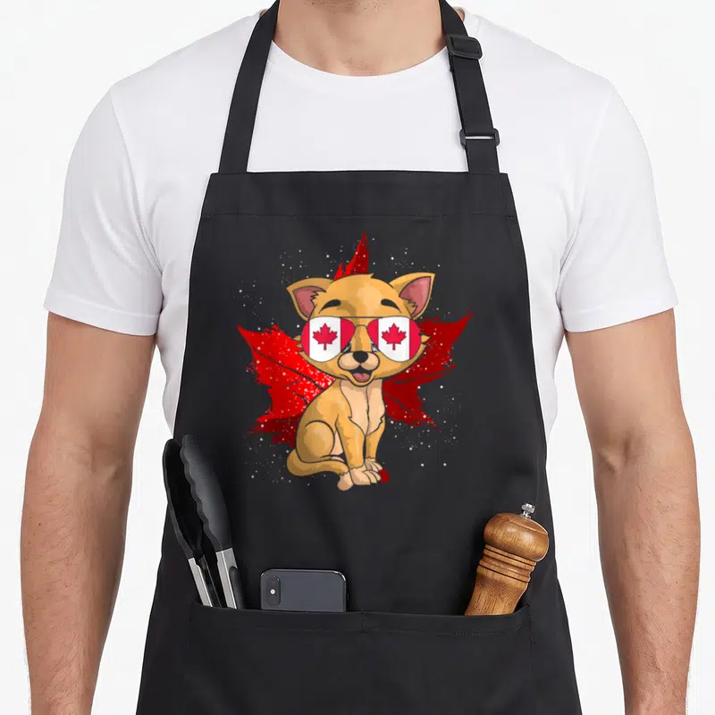 Tablier de cuisine noir avec un chat muni de lunettes affichant une feuille d'érable canadienne sur fond de grande feuille rouge.