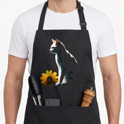 Tablier de cuisine noir avec illustration d'un chat blanc et gris assis à côté d'une fleur orange et jaune.
