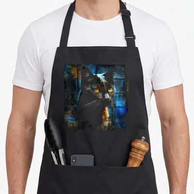 Tablier de cuisine noir avec illustration stylisée d'un chat aux yeux jaunes et fond géométrique coloré.
