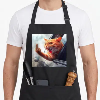 Tablier de cuisine noir avec un chat roux en colère faisant un geste grossier depuis une voiture.