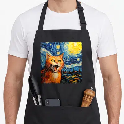 Tablier de cuisine noir avec un chat orange criant sous un ciel nocturne tourbillonnant style Van Gogh
