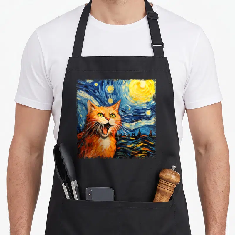 Tablier de cuisine noir avec un chat orange criant sous un ciel nocturne tourbillonnant style Van Gogh