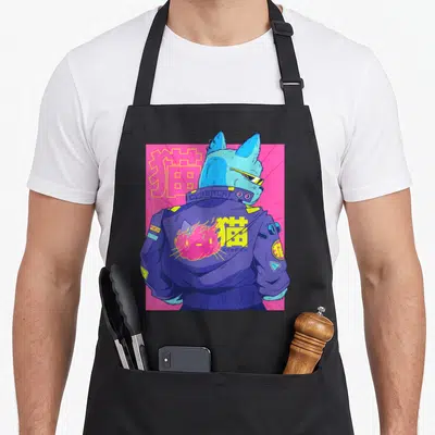 Tablier de cuisine noir avec illustration d'un chat cyberpunk en veste et lunettes jaunes sur fond rose.