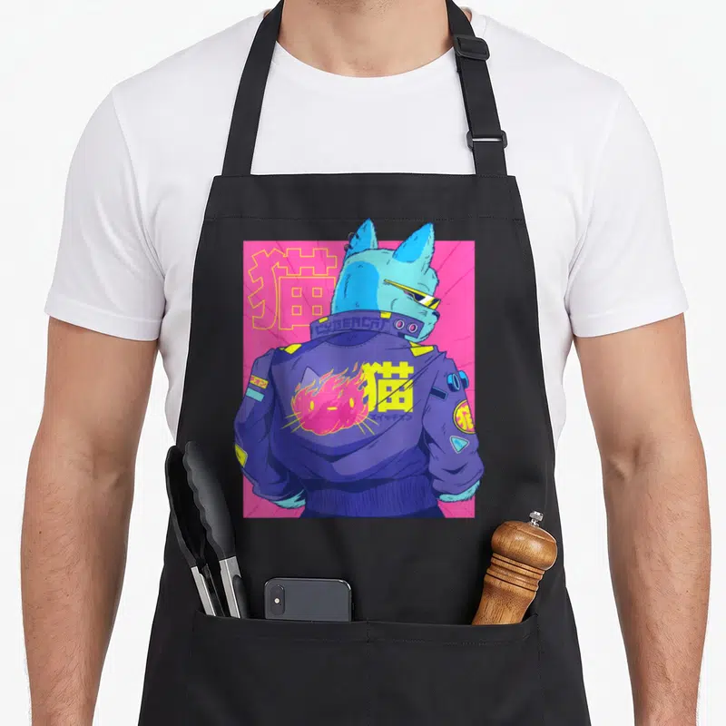 Tablier de cuisine noir avec illustration d'un chat cyberpunk en veste et lunettes jaunes sur fond rose.