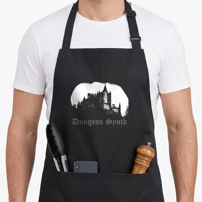 Tablier de cuisine noir avec silhouette de château et inscription Dungeon Synth en typographie gothique blanche.
