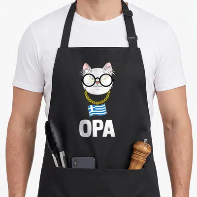 Tablier de cuisine noir avec tête de chat blanc lunettes chaîne or drapeau grec opa