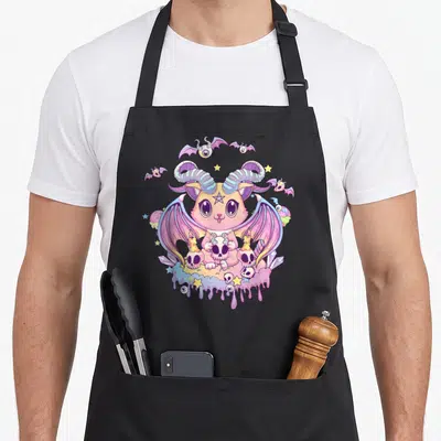Tablier de cuisine noir avec un chat démoniaque pastel aux cornes, ailes de chauve-souris et crânes entourés d'yeux flottants et d'étoiles.