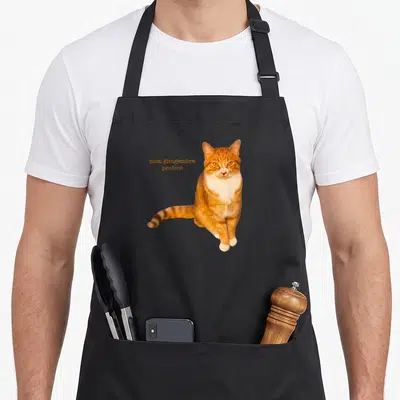 Tablier de cuisine noir avec un chat tigré orange et blanc assis et le texte mon gingembre préféré imprimé à côté.