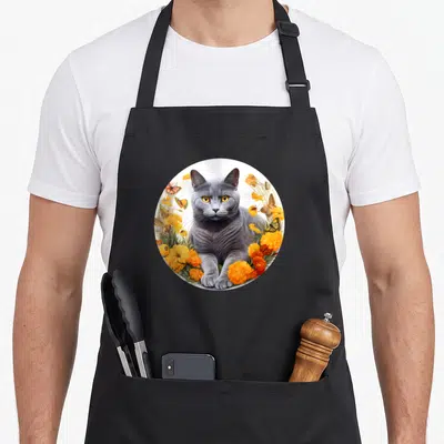 Tablier de cuisine noir avec un chat gris Chartreux au milieu de fleurs orange et de papillons dans un cercle blanc.