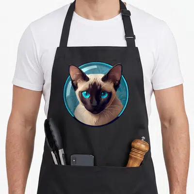 Tablier de cuisine noir avec illustration circulaire d'un chat siamois aux yeux bleus vifs et oreilles pointues.