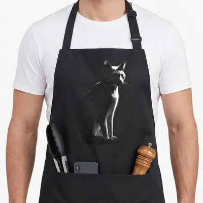Tablier de cuisine noir avec une illustration stylisée d'un chat assis dessiné en traits noirs fins sur fond uni.