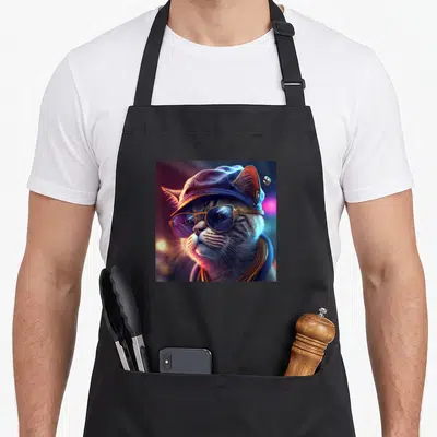 Tablier de cuisine noir avec illustration d'un chat portant une casquette et des lunettes de soleil reflectantes.