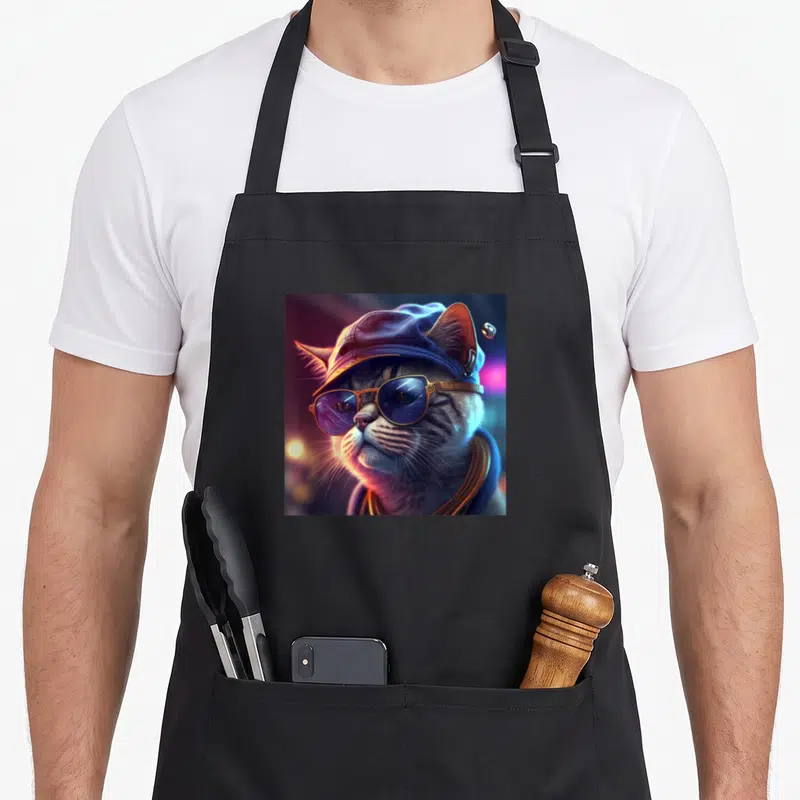 Tablier de cuisine noir avec illustration d'un chat portant une casquette et des lunettes de soleil reflectantes.