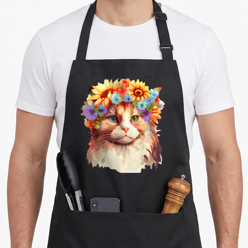 Tablier de cuisine noir avec un chat Ragamuffin portant une couronne de tournesols et de fleurs colorées.