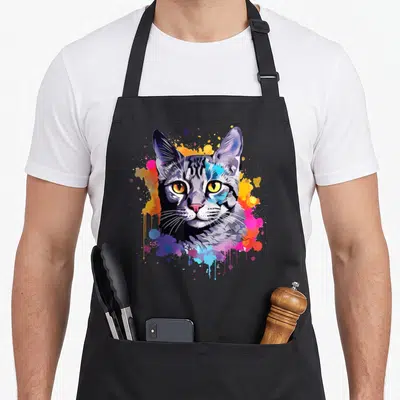Tablier de cuisine noir avec illustration colorée de tête de chat aux yeux jaunes et éclaboussures artistiques.