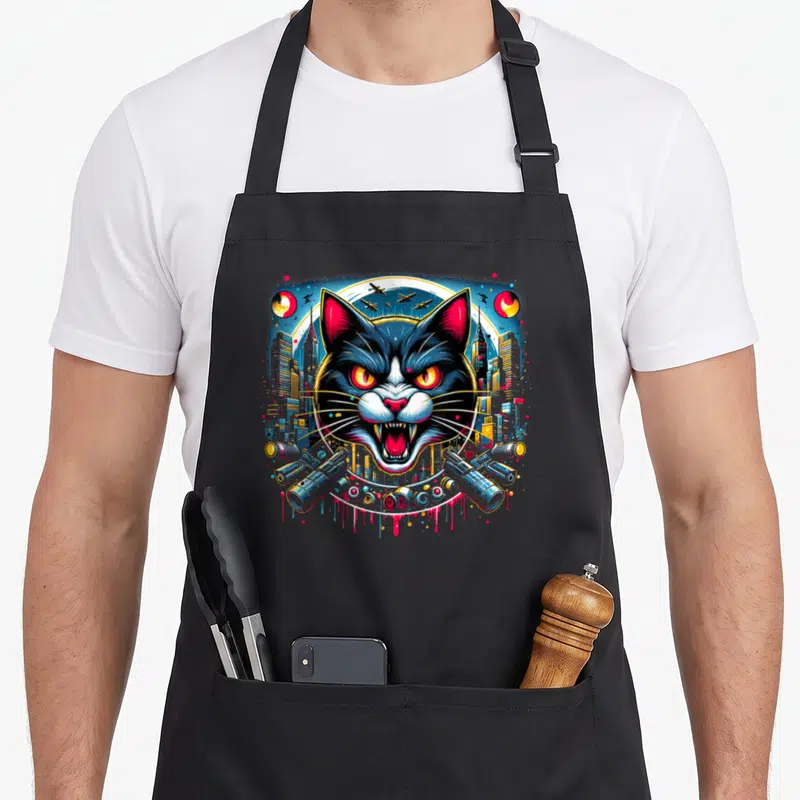 Tablier de cuisine noir avec tête de chat noir style cyberpunk et ville en arrière-plan.