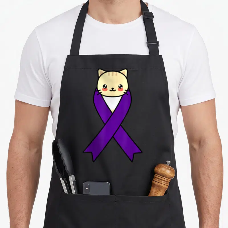 Tablier de cuisine noir avec un chat kawaii beige et un ruban violet Hodgkins Lymphoma imprimé au centre.
