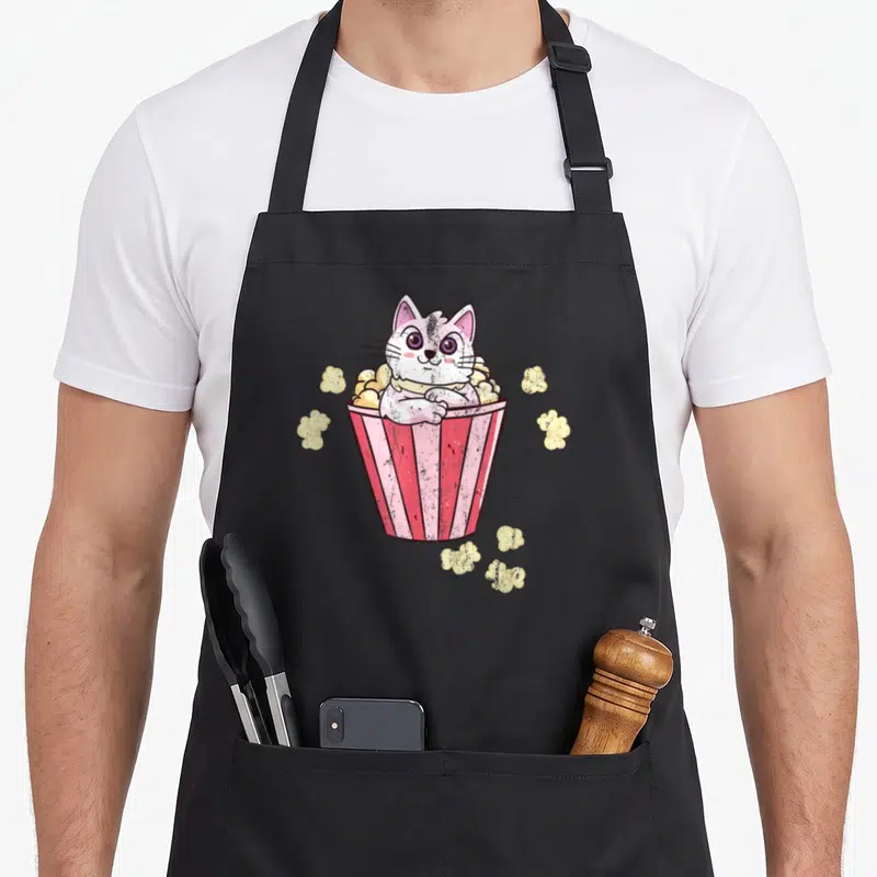 Tablier de cuisine noir avec un chat blanc dans une barquette de popcorn rose rayée.