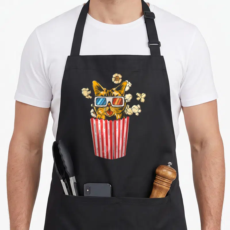Tablier de cuisine noir avec un chat orange portant des lunettes 3D sortant d'une barquette de popcorn rouge et blanche.