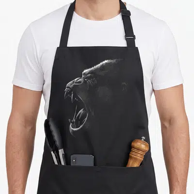 Tablier de cuisine noir avec un grand gorille mâle rugissant dessiné en blanc au style gravure détaillée.