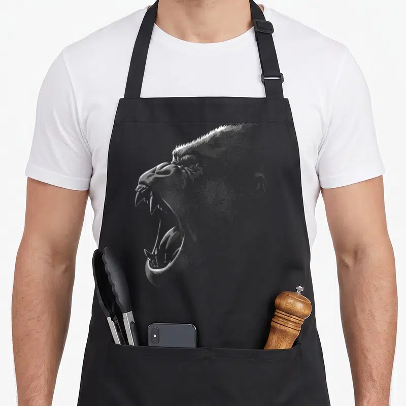 Tablier de cuisine noir avec un grand gorille mâle rugissant dessiné en blanc au style gravure détaillée.