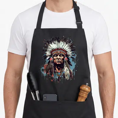 Tablier de cuisine noir avec illustration d'un indien chef portant un bijou de tête à grandes plumes blanches et noires.