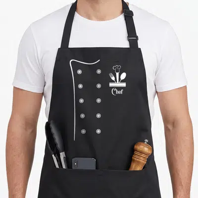 Tablier de cuisine noir avec illustration blanche d'une veste de chef, de boutons et du mot Chef sous une cuillère et une fourchette.