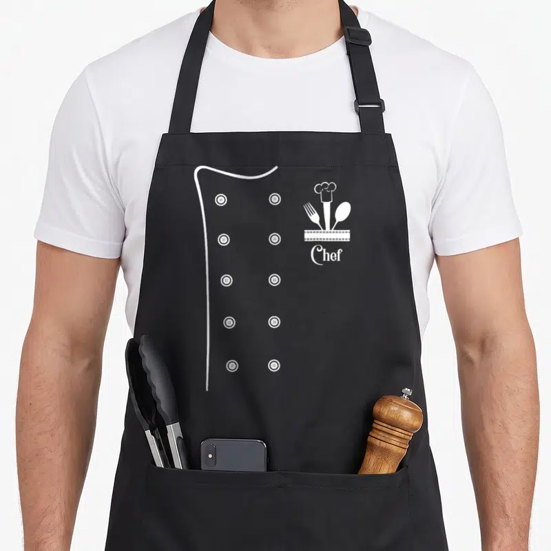 Tablier de cuisine noir avec illustration blanche d'une veste de chef, de boutons et du mot Chef sous une cuillère et une fourchette.