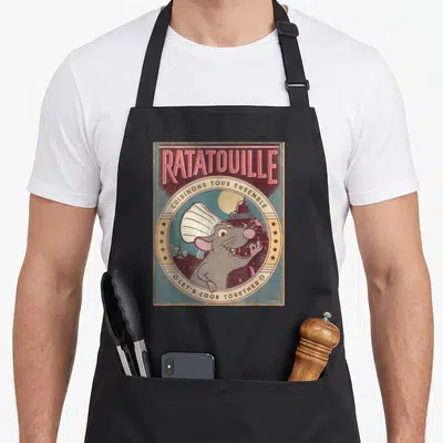 Tablier de cuisine noir avec illustration vintage de Remy le rat cuisinier et le titre Ratatouille en lettres roses.