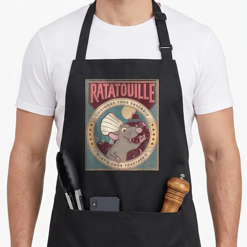 Tablier de cuisine noir avec illustration vintage de Remy le rat cuisinier et le titre Ratatouille en lettres roses.