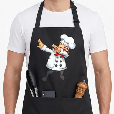Tablier de cuisine noir avec illustration colorée d'un chef en train de faire le dab.