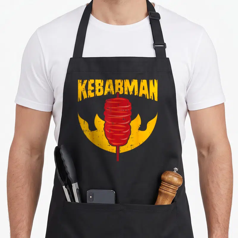 Tablier de cuisine noir avec illustration d'une broche de doner rouge et texte Kebabman en jaune au-dessus.