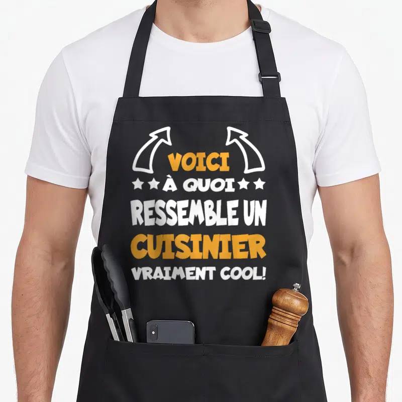Tablier de cuisine noir avec inscription voici à quoi ressemble un cuisinier vraiment cool en orange et blanc