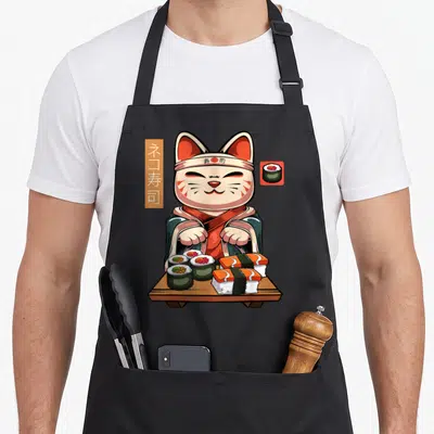 Tablier de cuisine noir avec illustration d'un chat Maneki Neko en chef sushi tenant un plateau de nigiri et maki colorés.