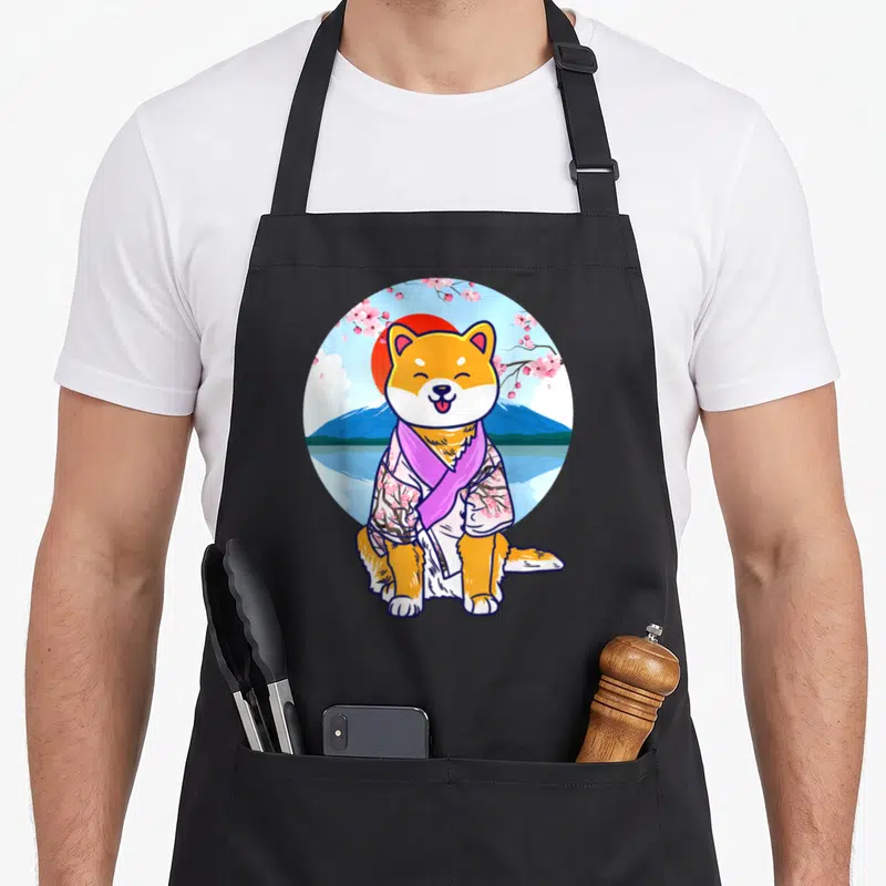 Tablier de cuisine noir avec un Shiba Inu en kimono rose devant un mont Fuji et des fleurs de sakura.