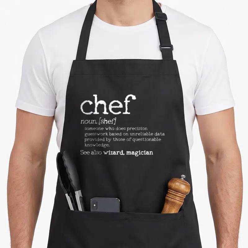 Tablier de cuisine noir avec le mot chef et sa définition humoristique en typographie blanche style dictionnaire.