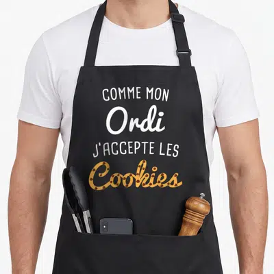 Tablier de cuisine noir avec l'inscription Comme Mon Ordi J'accepte Les Cookies en typographie blanche et orange.
