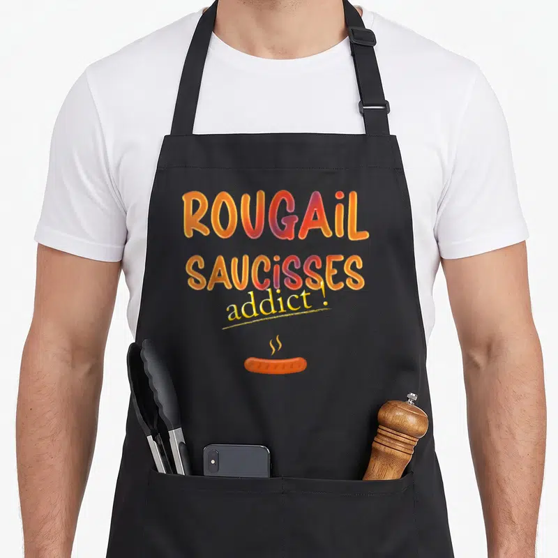 Tablier de cuisine noir avec texte Rougail Saucisses addict et illustration de saucisse fumante orange.