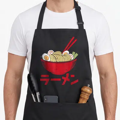 Tablier de cuisine noir avec illustration colorée d'un bol de ramen rouge, d'œufs et de caractères japonais en bas.