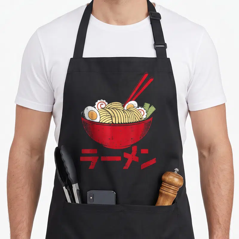Tablier de cuisine noir avec illustration colorée d'un bol de ramen rouge, d'œufs et de caractères japonais en bas.