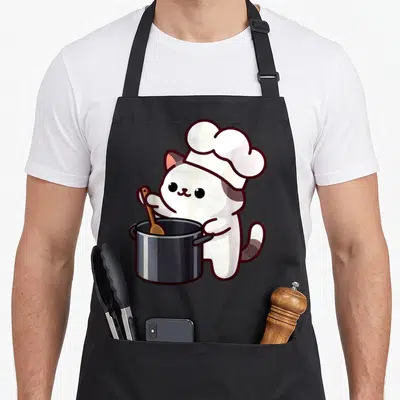 Tablier de cuisine noir avec illustration d'un chat blanc en toque tenant une cuillère en bois dans une casserole argentée.